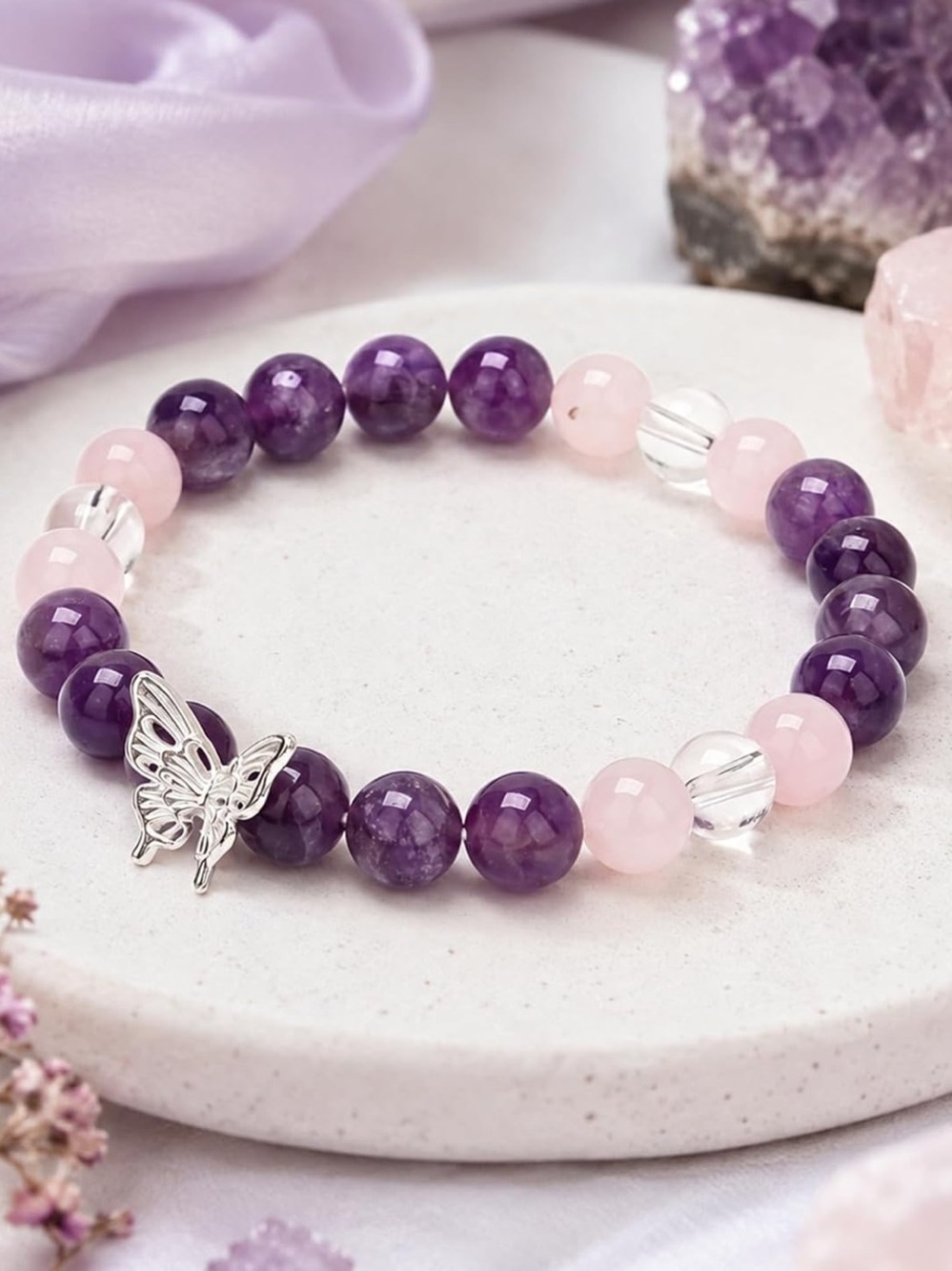 🆕New Amethyst, Rose Quartz & Clear Quartz Butterfly Gemstone Bracelet -8mm